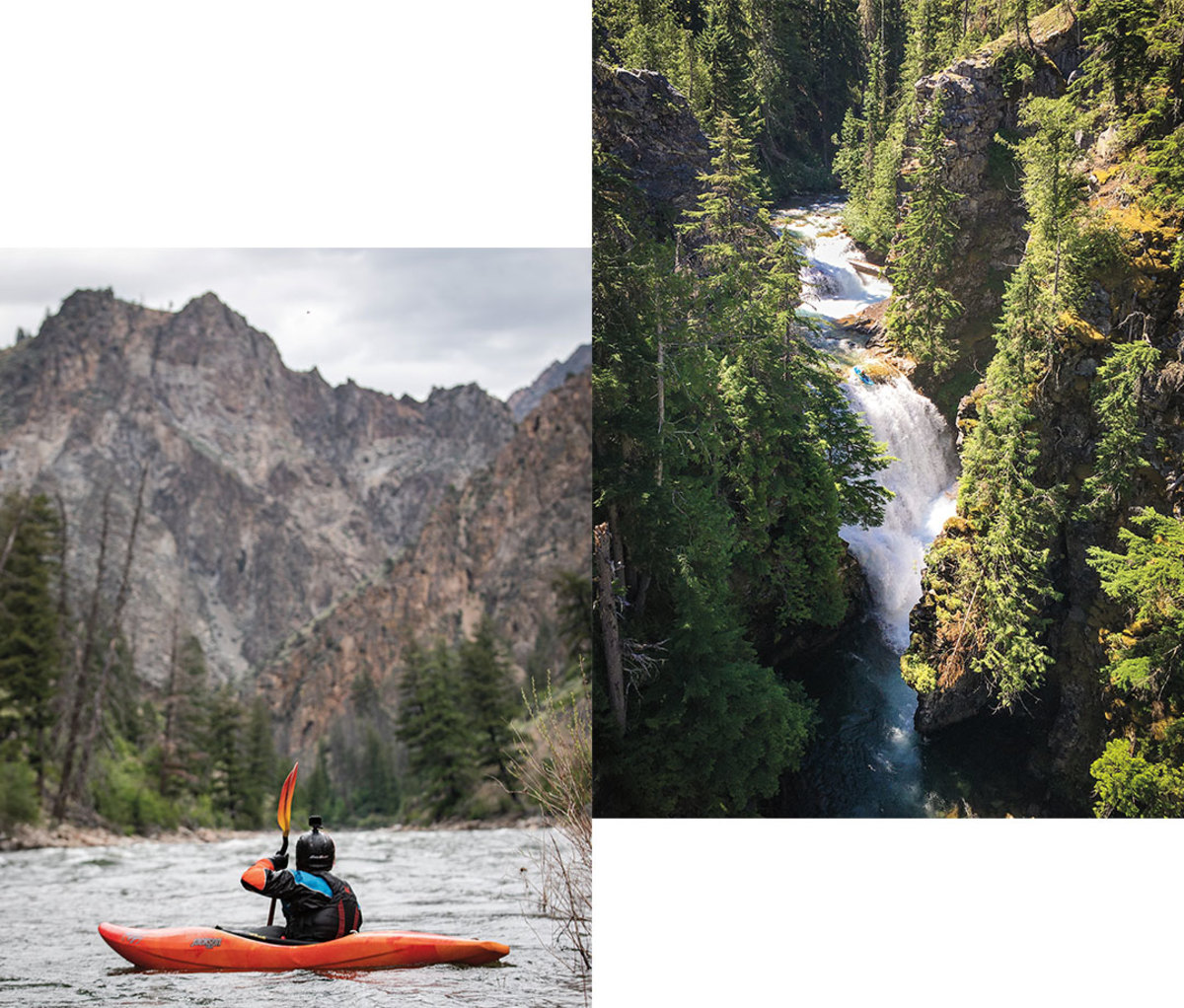 Left: Chris Korbulic kayaking. Right: Overhead shot of Unnamed 45-foot waterfall at Agnes Creek just off the Pacific Crest Trail