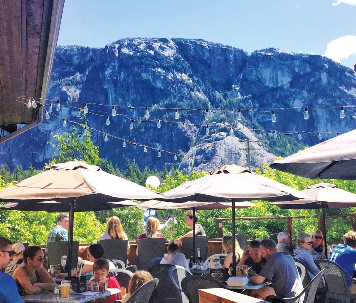 Outdoor brewery overlooking mountains