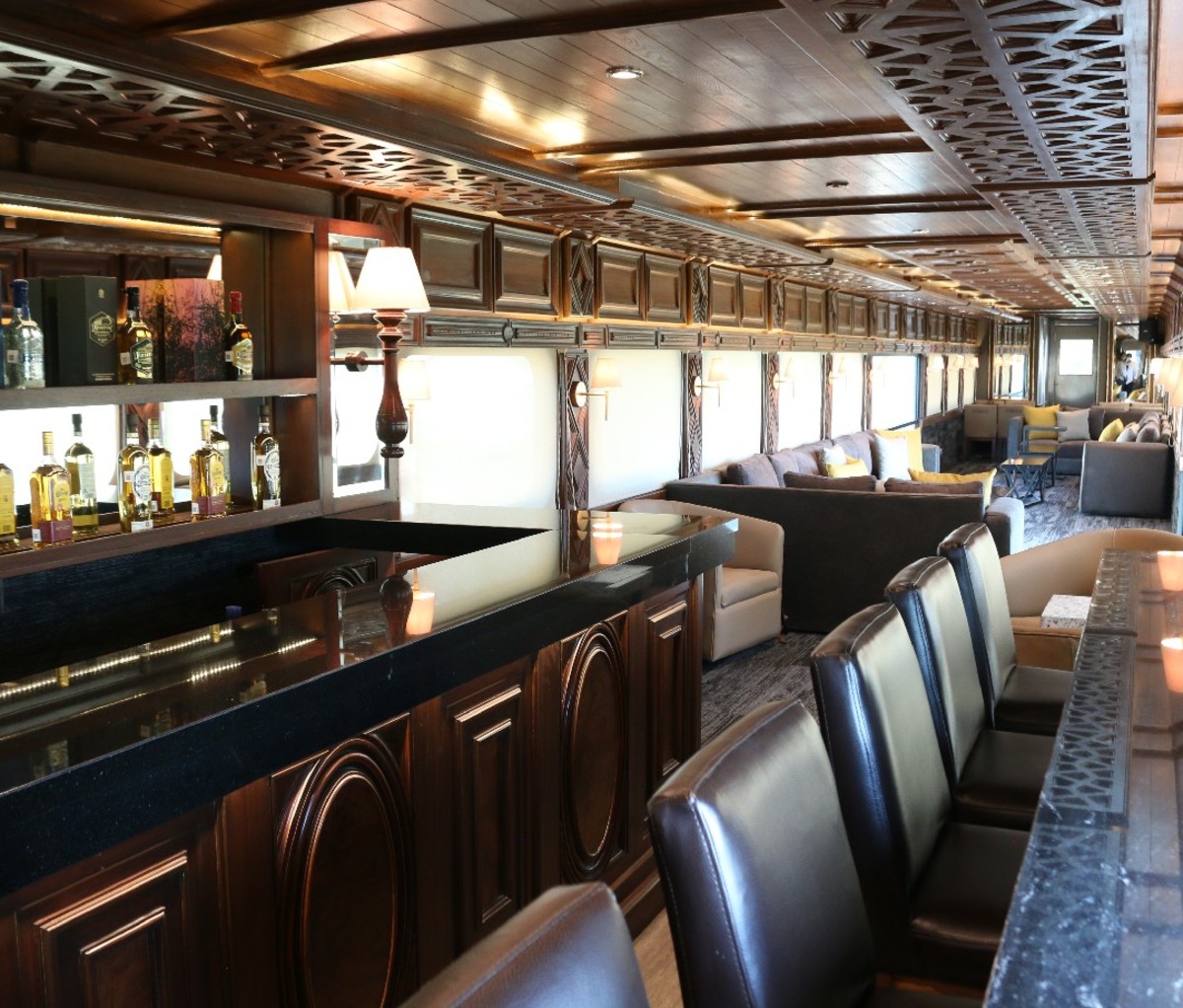 Interior of the Jose Cuervo Express train with tequila bar.