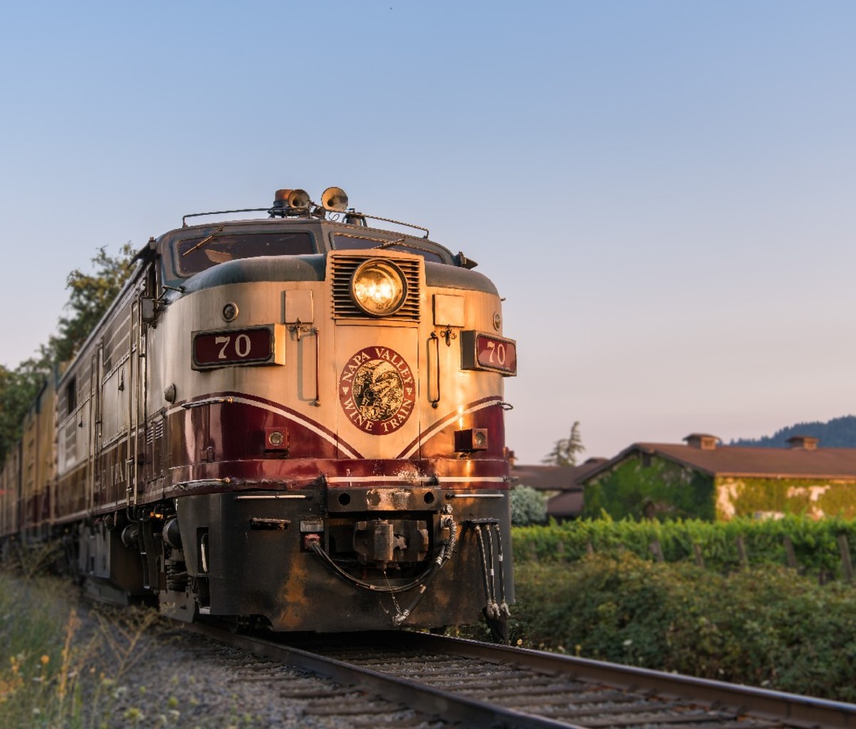 Exterior of Napa Valley Wine Train at sunset