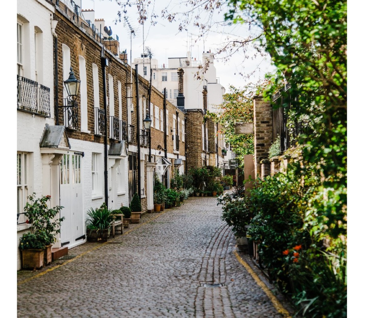 Empty cobblestone street with a charming row of homes