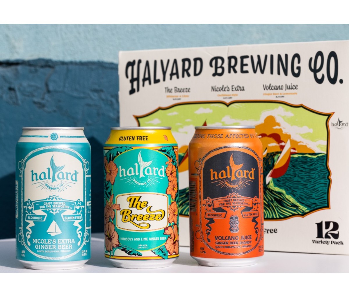 Three cans of hard ginger beer from Halyard Brewing Company