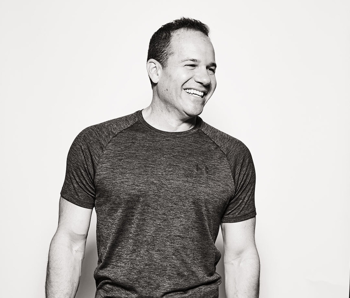 Black and white portrait of man in T-shirt