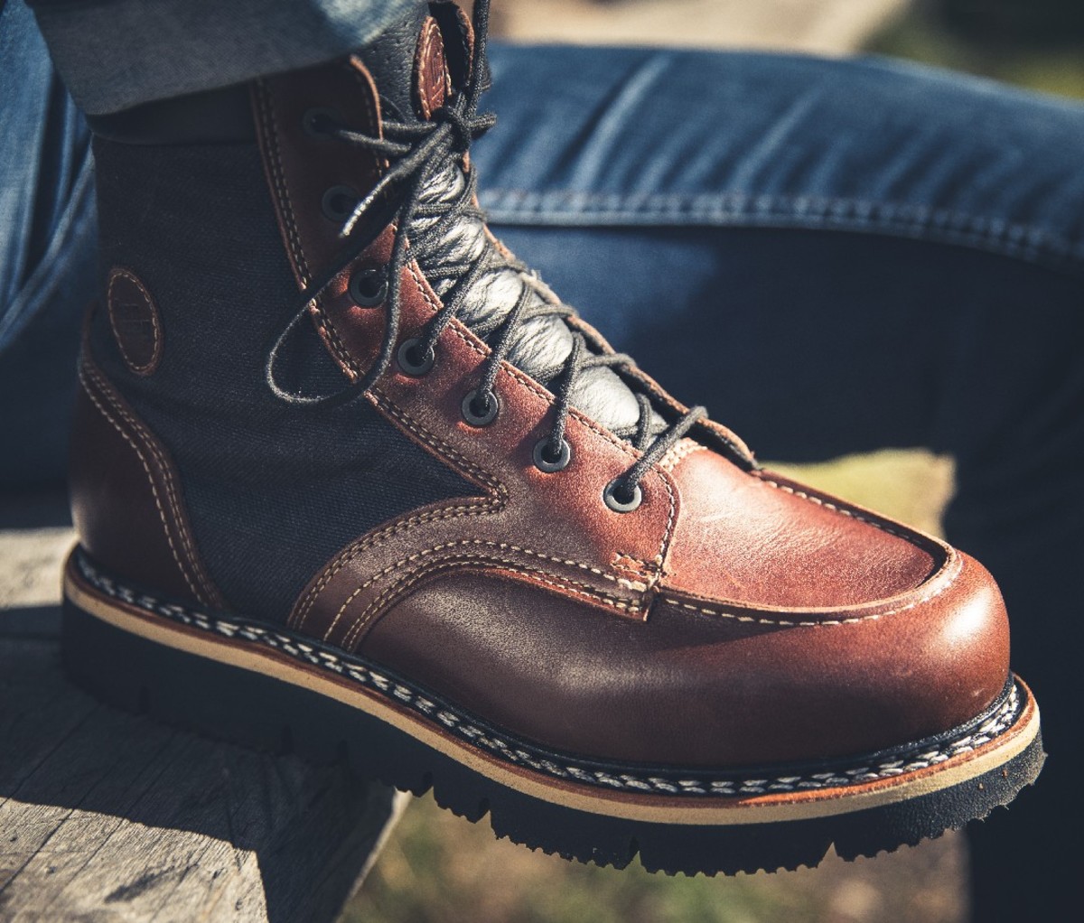 Blue and brown leather boot