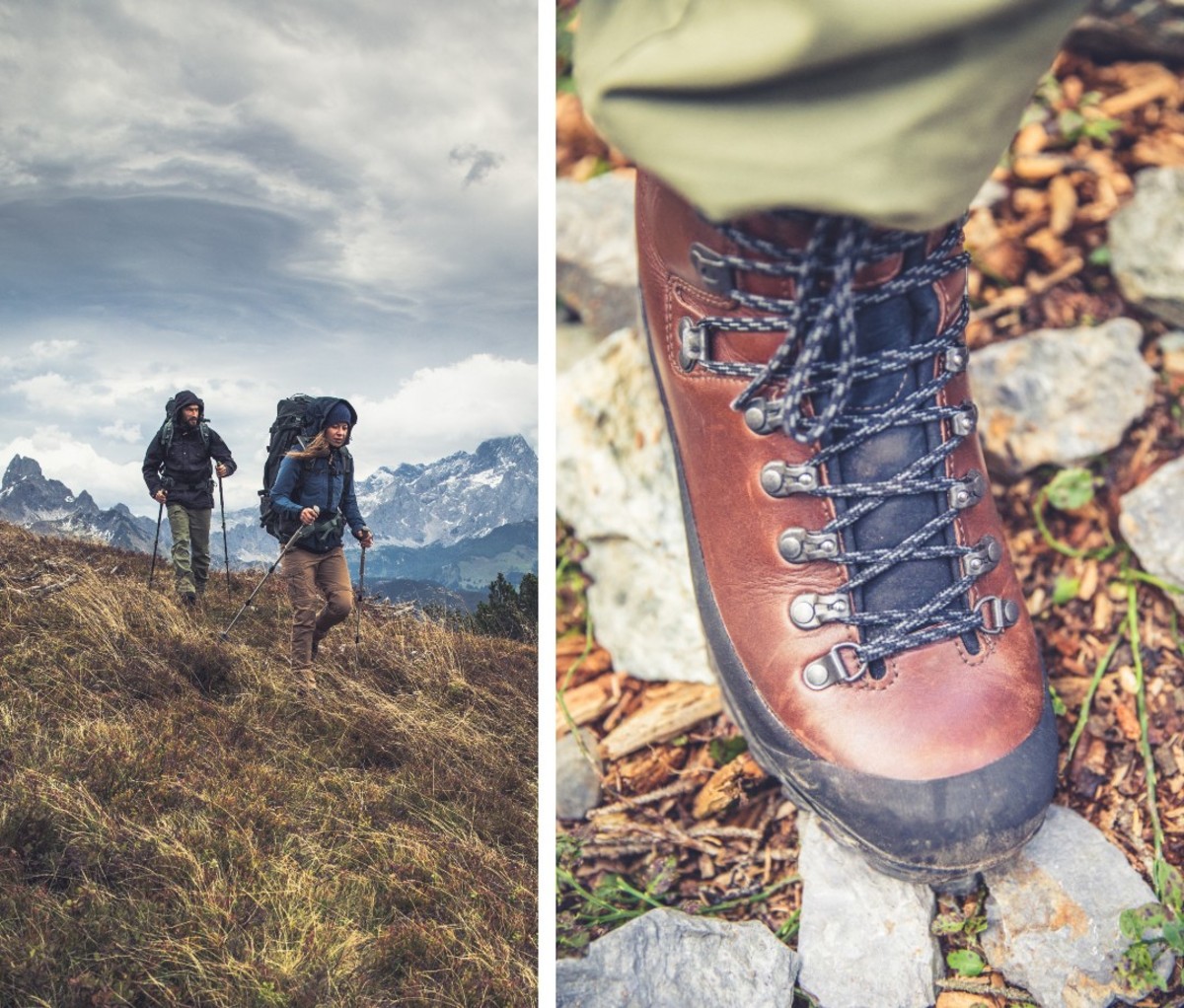 Composite image of hikers and brown leather hiking boot