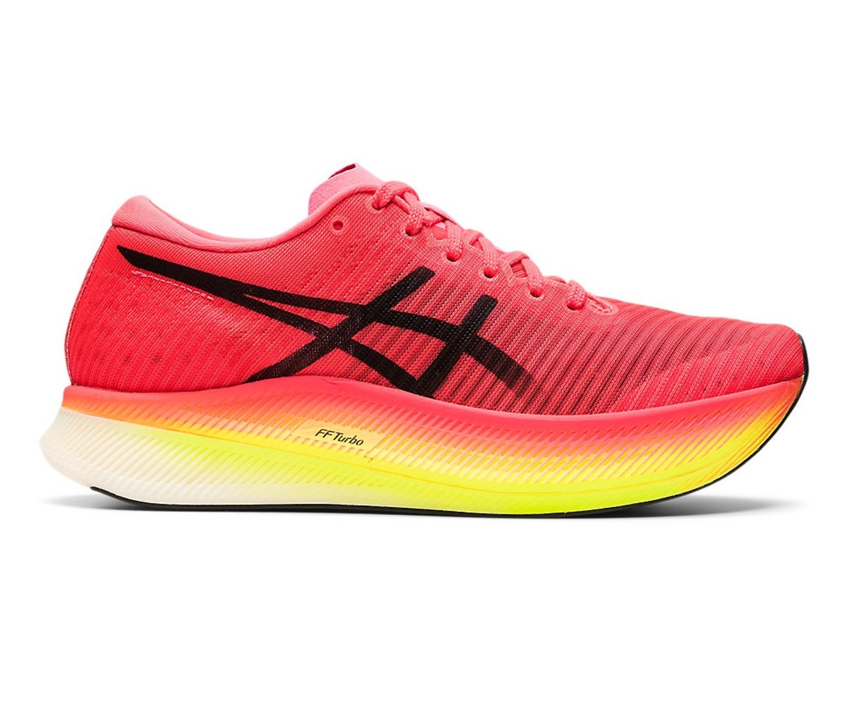 Single red and yellow Asics MetaSpeed Sky shoe