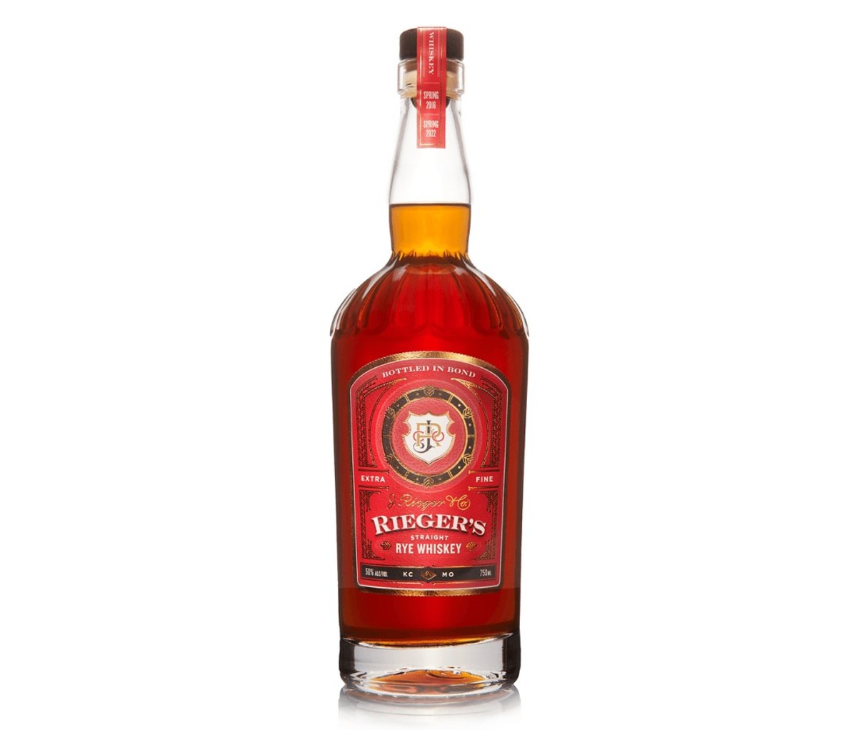 A bottle of J. Rieger Straight Rye Whiskey Bottled in Bond