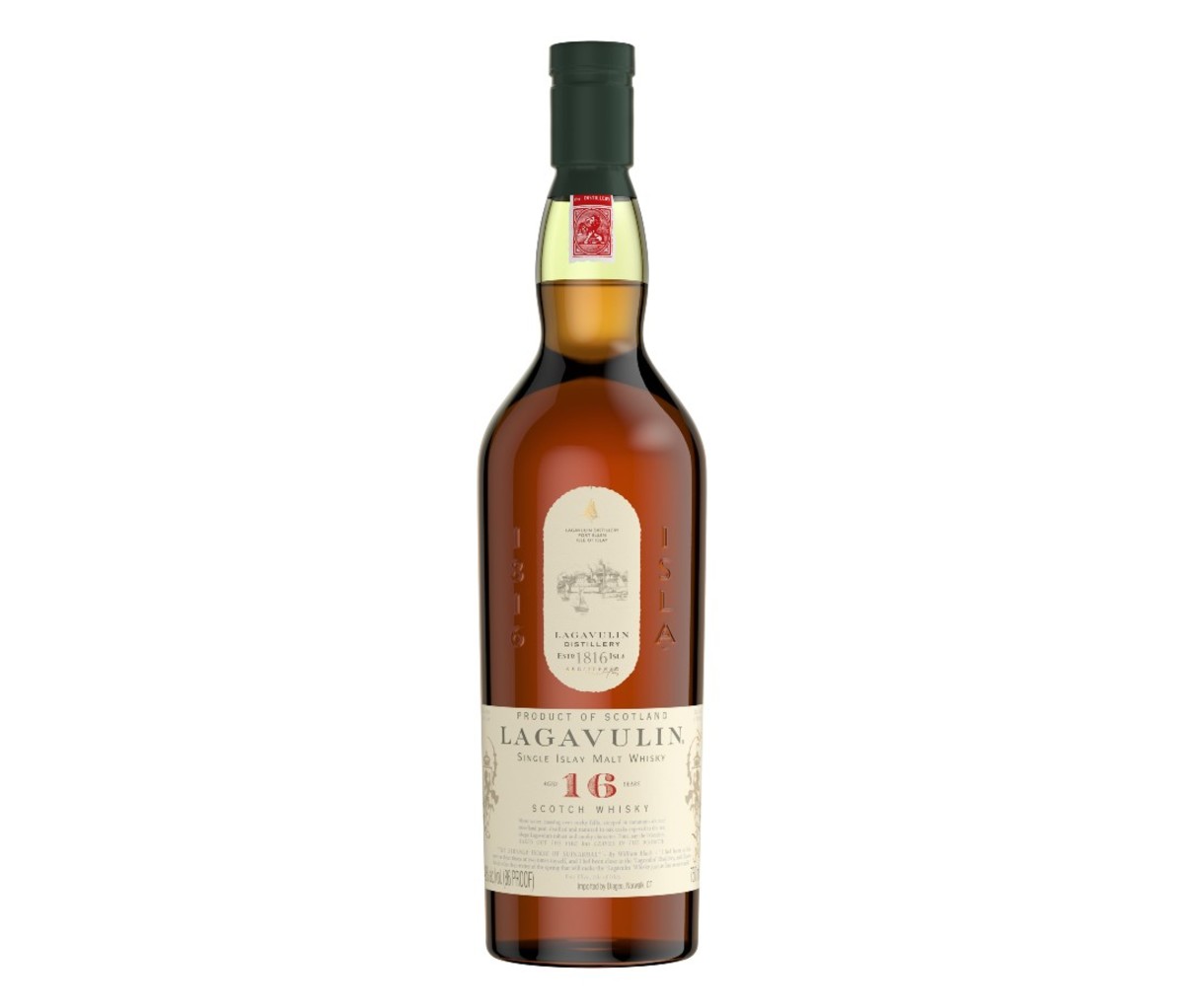 A bottle of Lagavulin 16 Single Malt Scotch Whisky