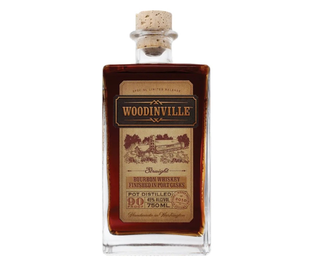 A bottle of Woodinville Bourbon Finished in Port Casks