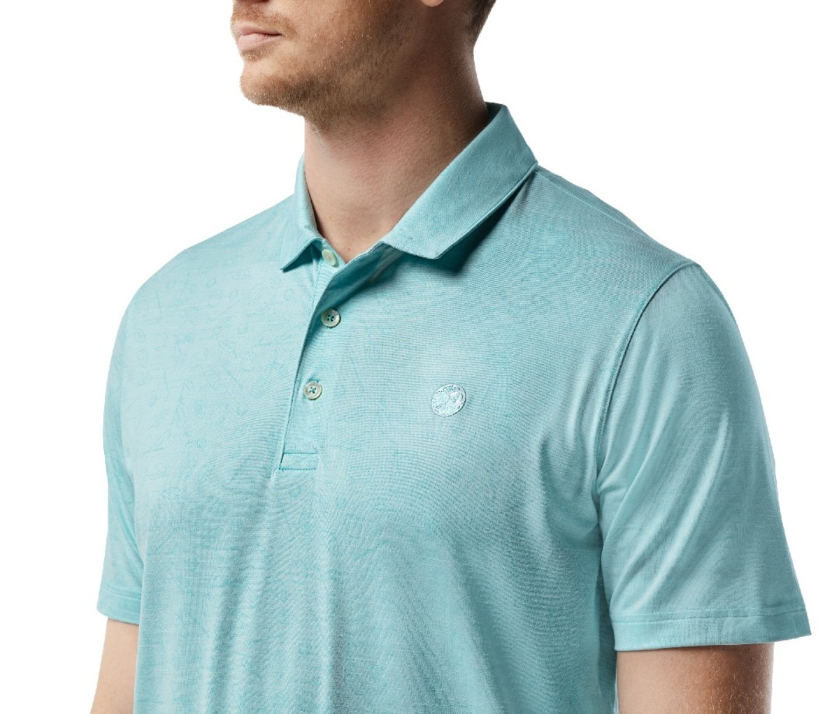 Man wearing light teal short sleeve collared shirt