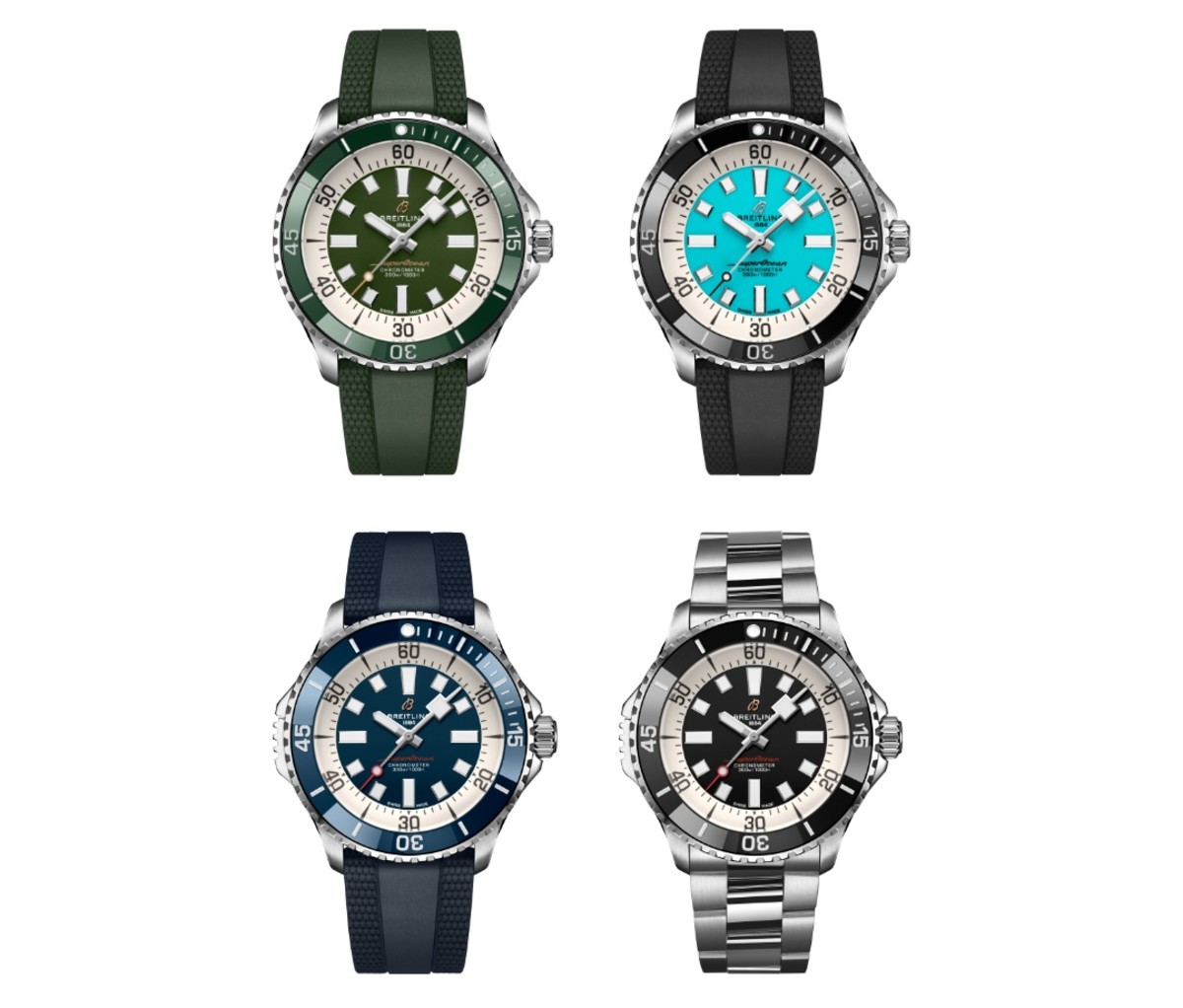 Four Breitling Superocean watches on a white background