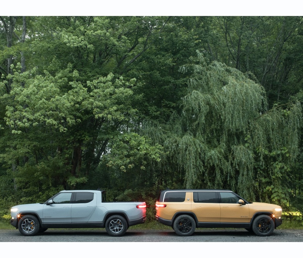 Blue electric truck and yellow electric SUV backed up against one another