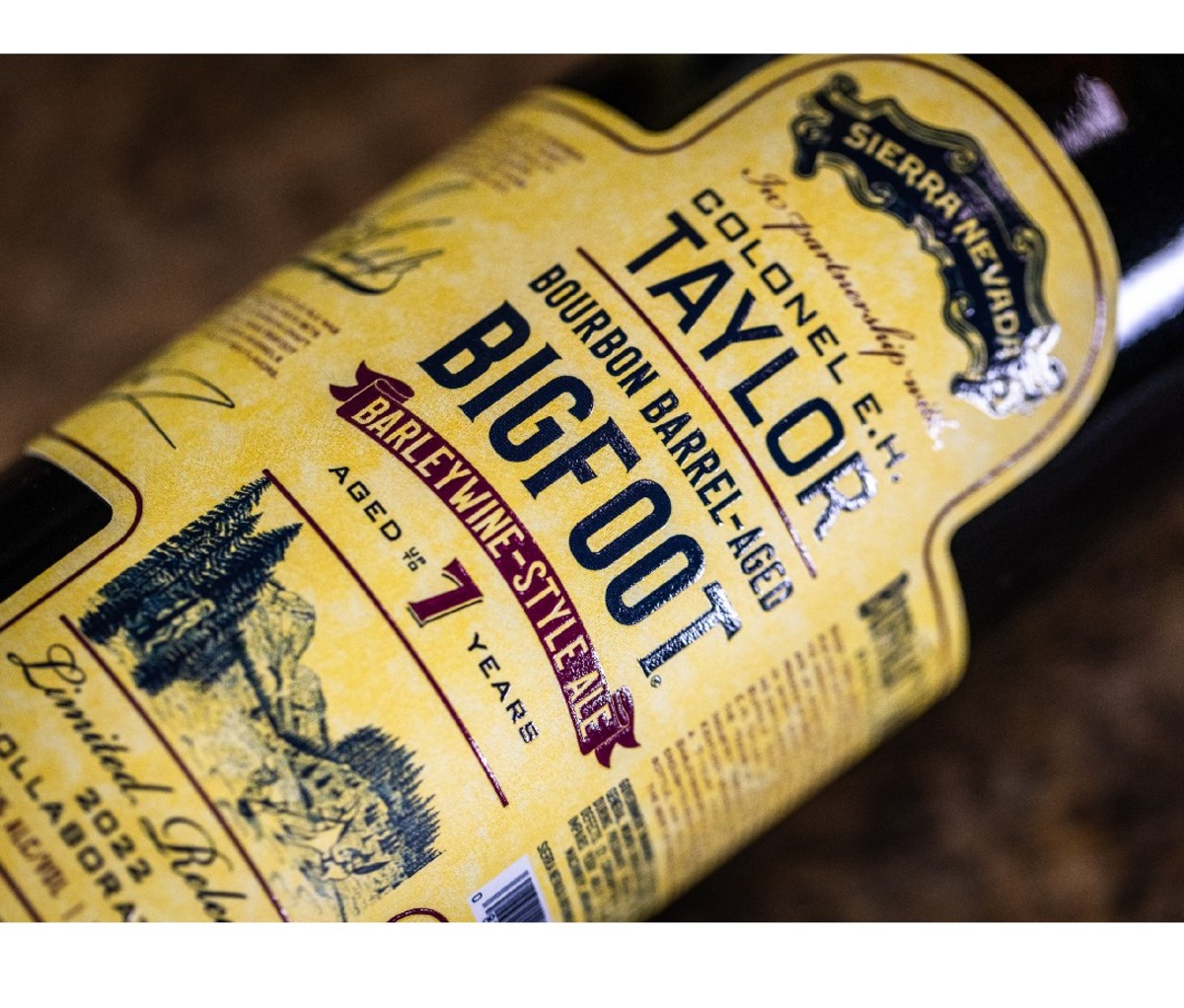 Closeup label/bottle of Sierra Nevada’s Buffalo Trace Barrel-Aged Bigfoot Barleywine.