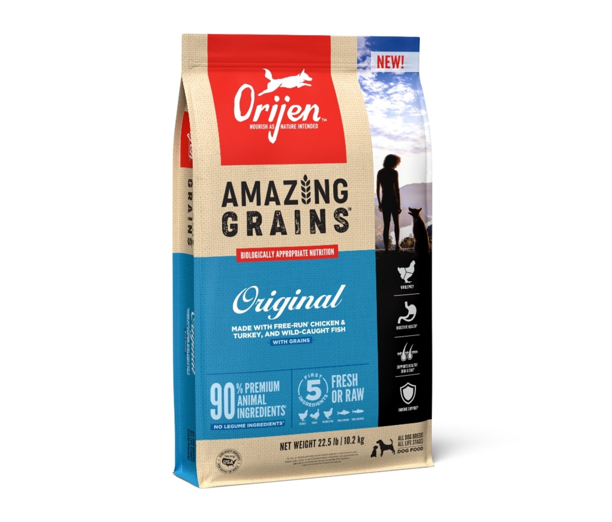 Orijen Amazing Grains Pet Food on a white background.
