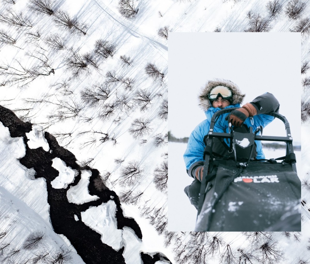 Composite image of frozen tundra with photo of man in blue snowsuit and goggles in dog sled