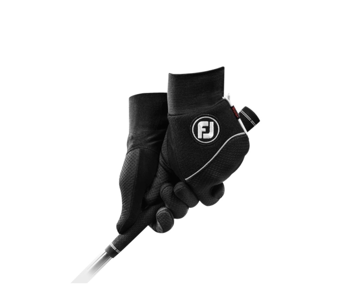 Black golf gloves on a white background.