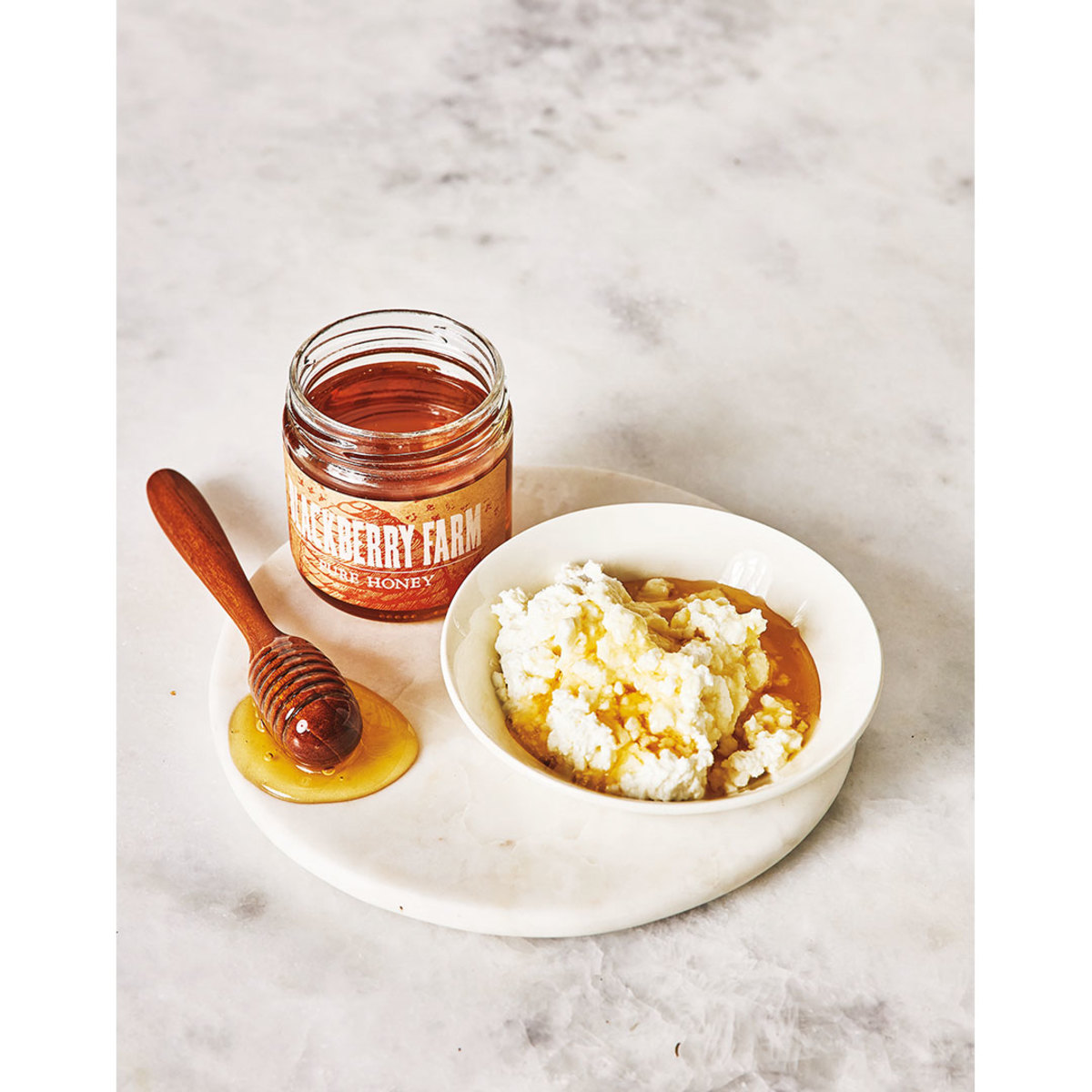 Honey jar and comb with cottage cheese