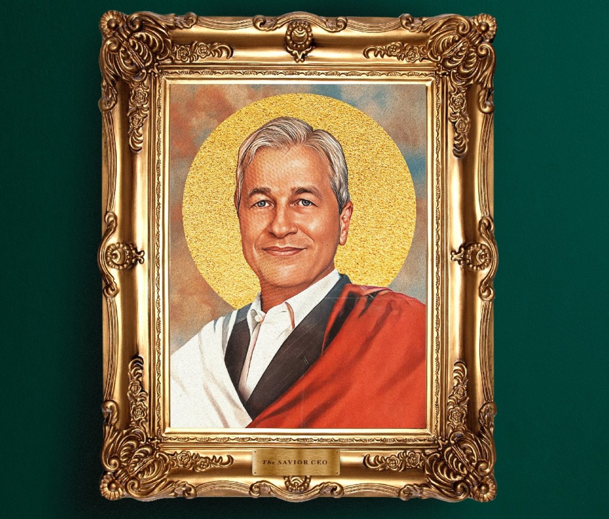 Illustration of Jamie Dimon in a gold frame.