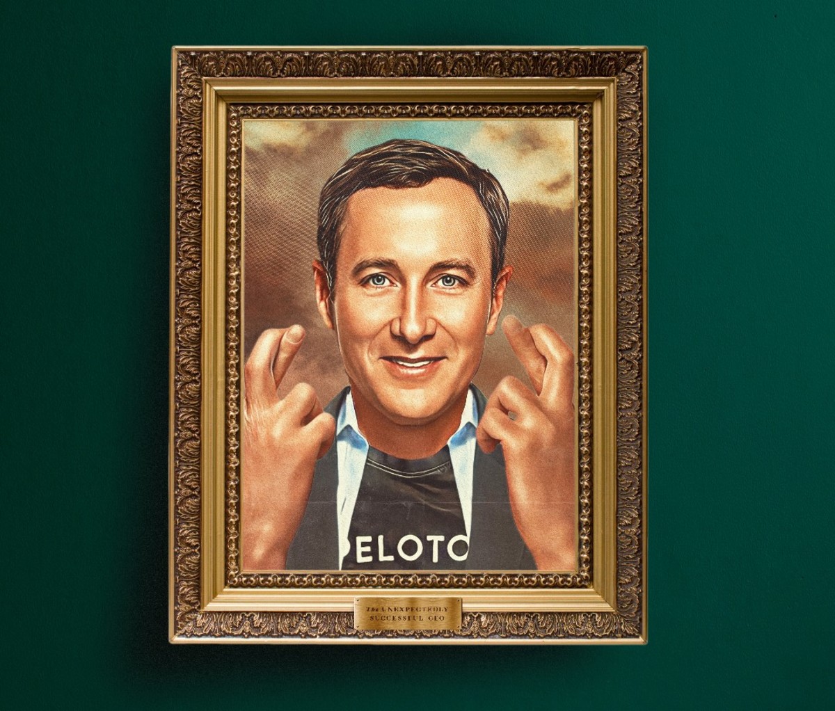 Peleton CEO illustration in a gold frame.