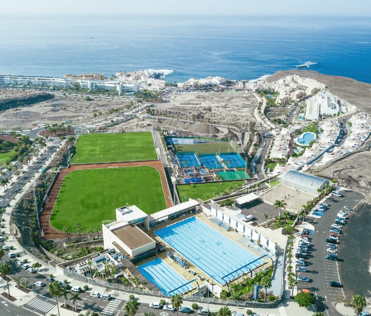 Aerial view of sports and training facility on the Tenerife coast.