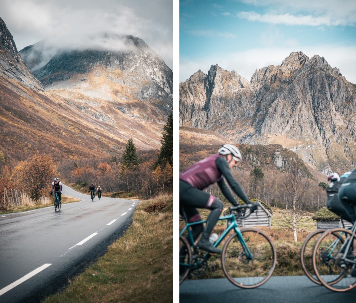 Cyclists climbing hills in Norway