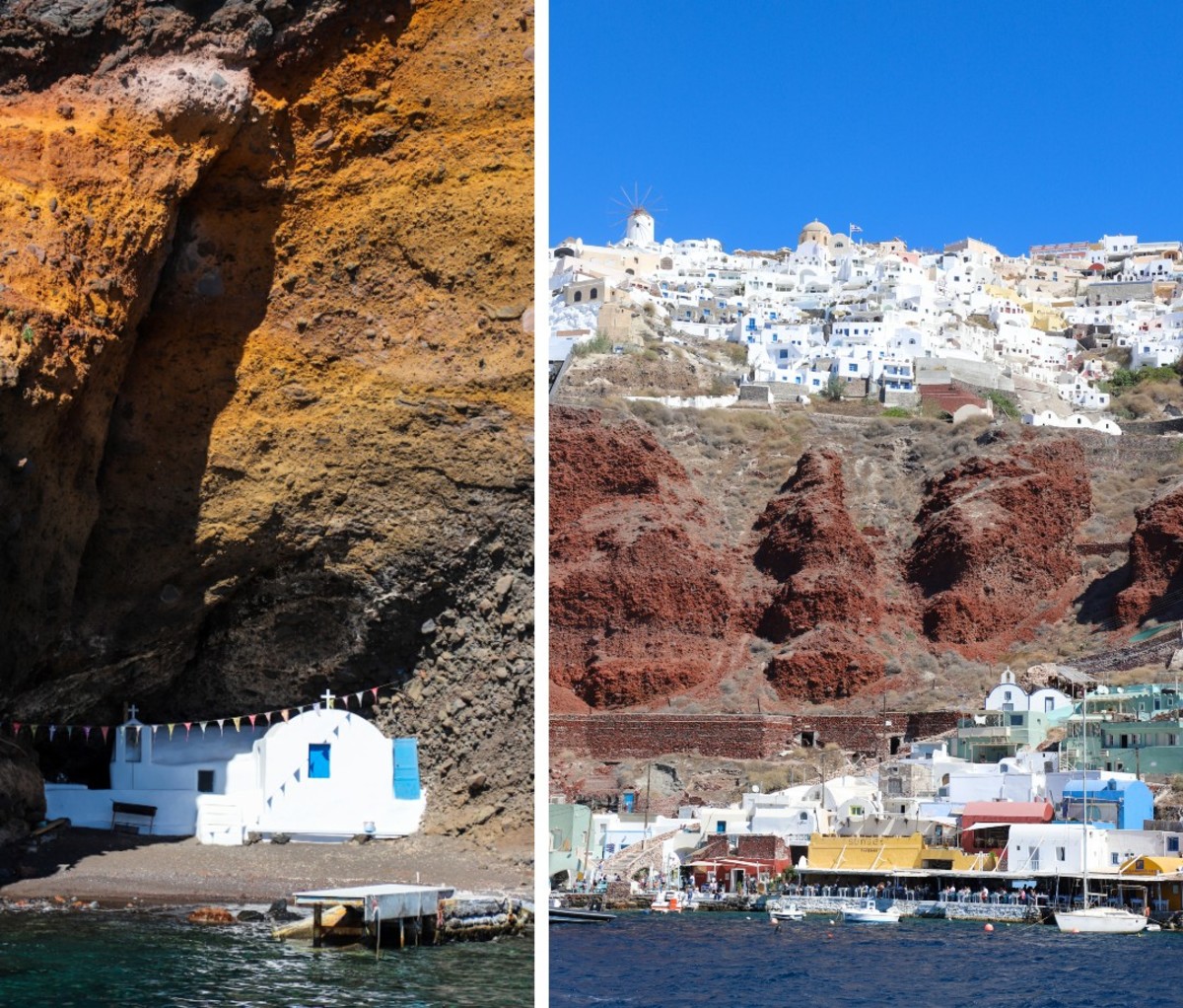 Grecian white-washed buildings on cliff with church