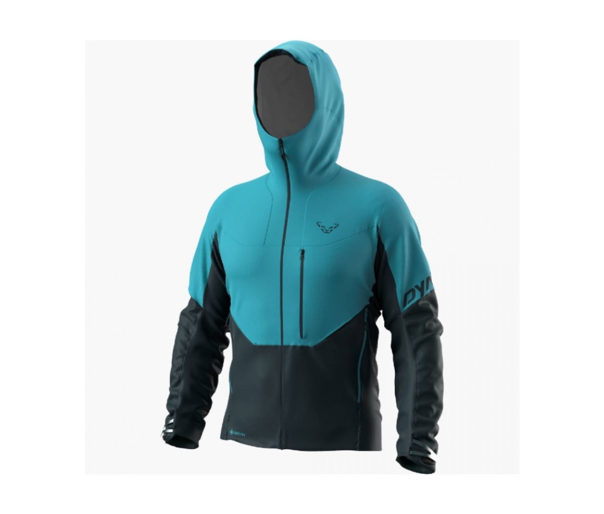 Teal and navy hybrid jacket on a white background.