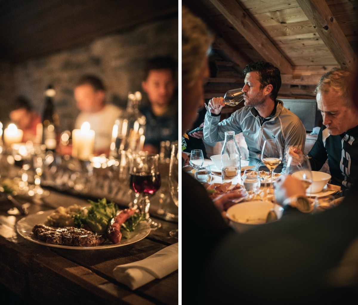 Men eating and drinking wine at candle-lit table