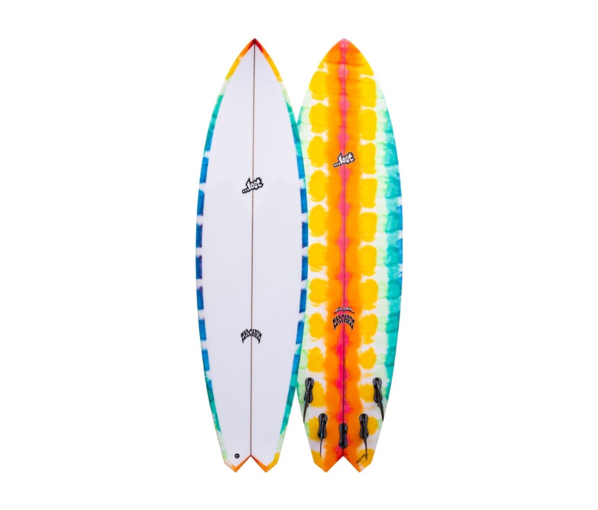 Front and back of a tie-dyed patterned surfboard on a white background.