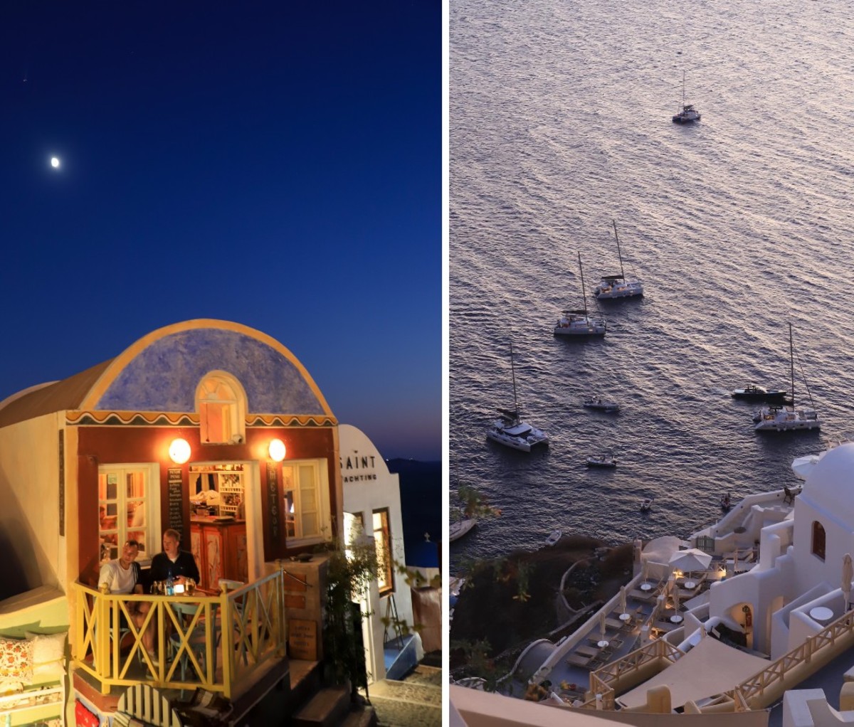 Grecian building at nighttime and seaside cliff view