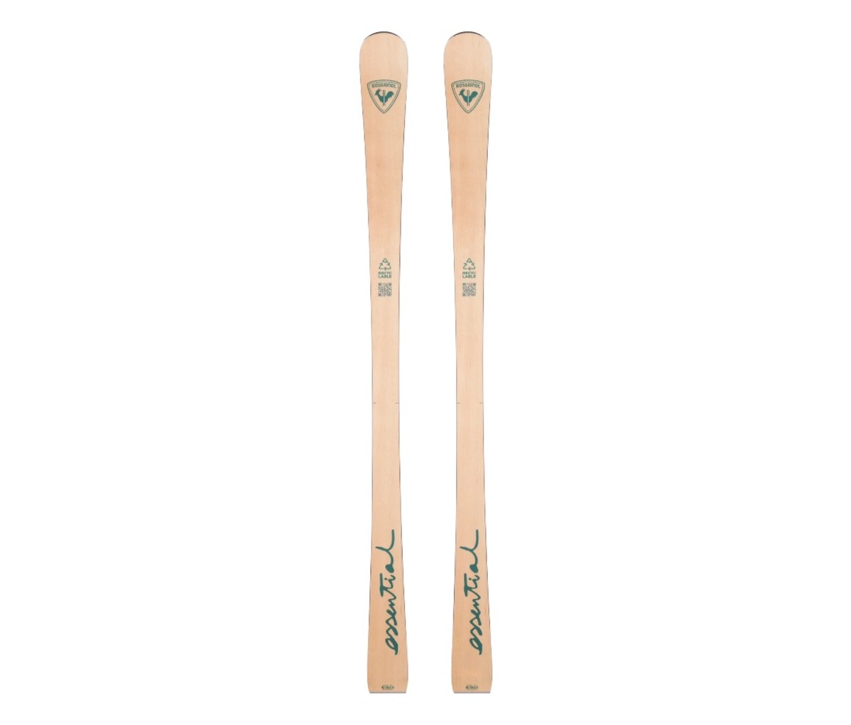 Pair of wood-colored skis on a white background.