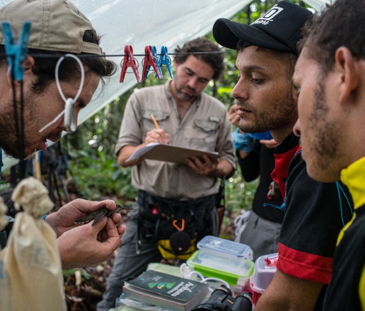 Diego Calderón Franco taking notes with group of young ornithologists.