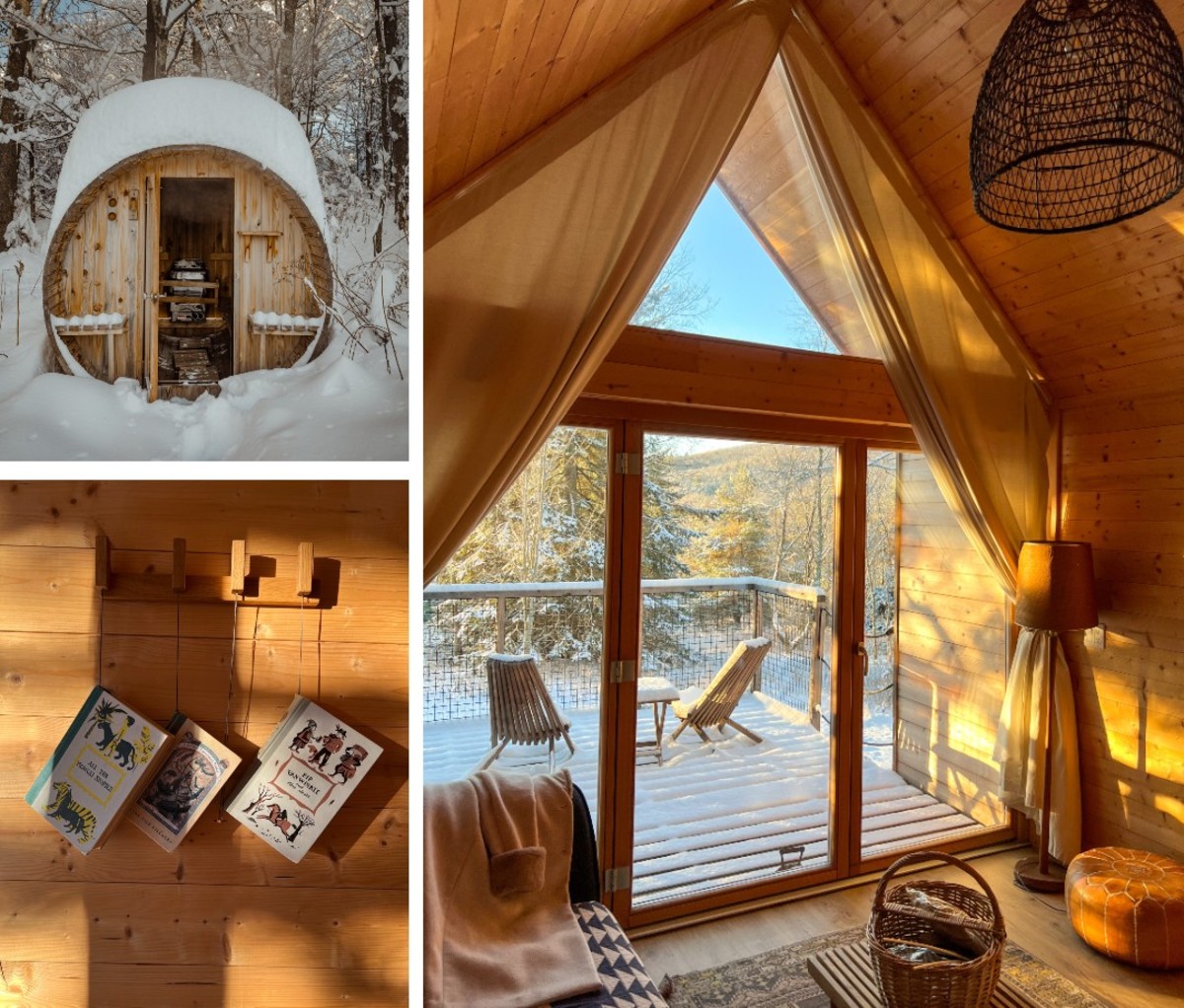 Sunny cabin A-frame with snow outside.