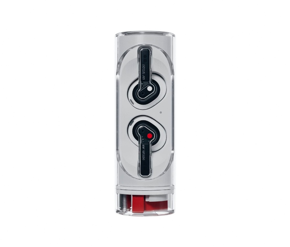 Clear cylinder with two black earbuds in it on a white background.