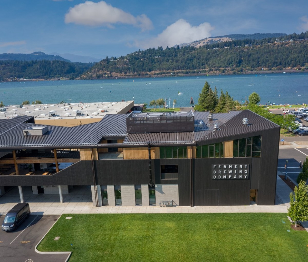 Ferment Brewing building on the Columbia River Gorge.