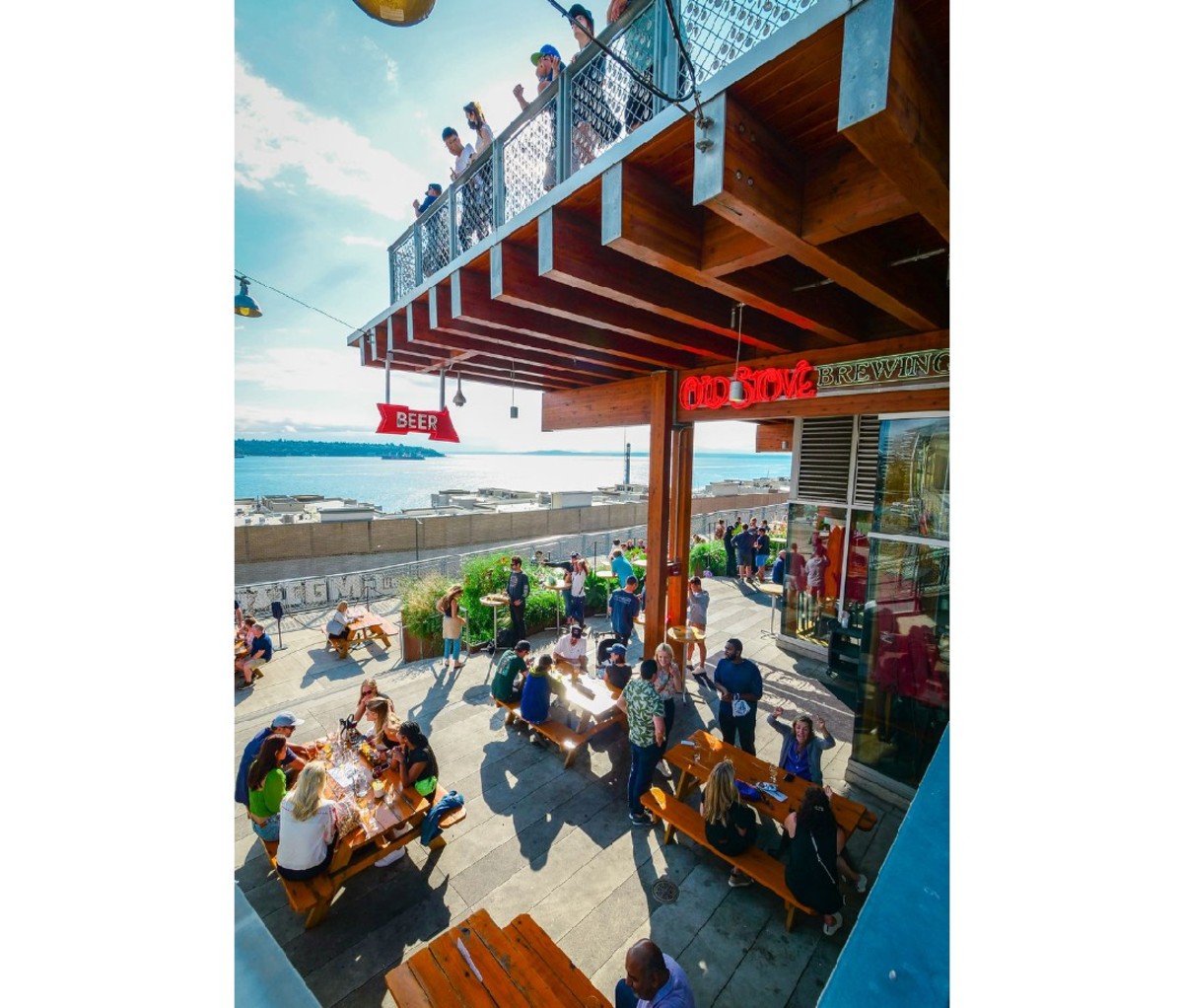 Old Stove Brewing patio overlooking the Seattle waterfront.