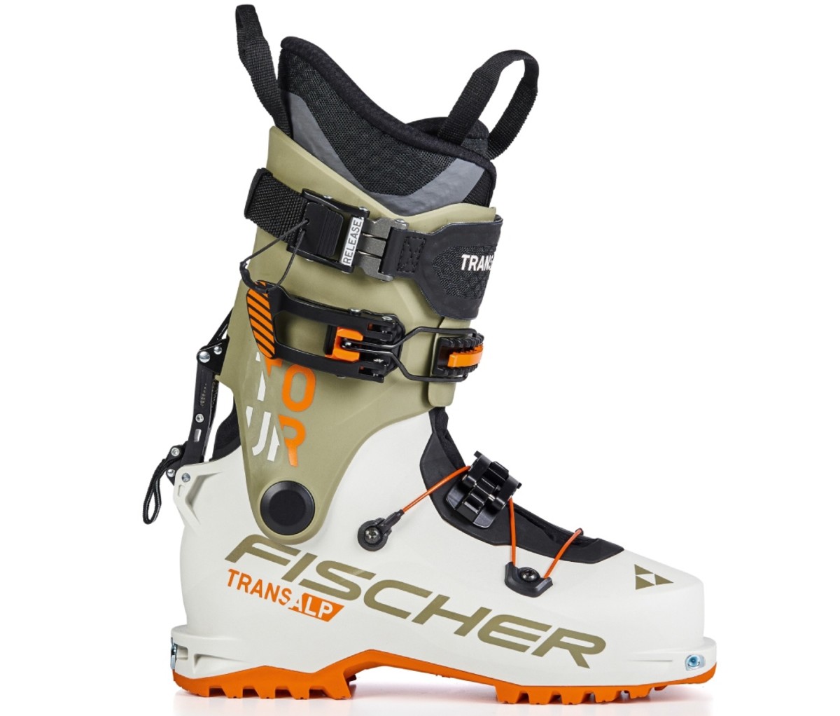 White and tan Fischer ski boots