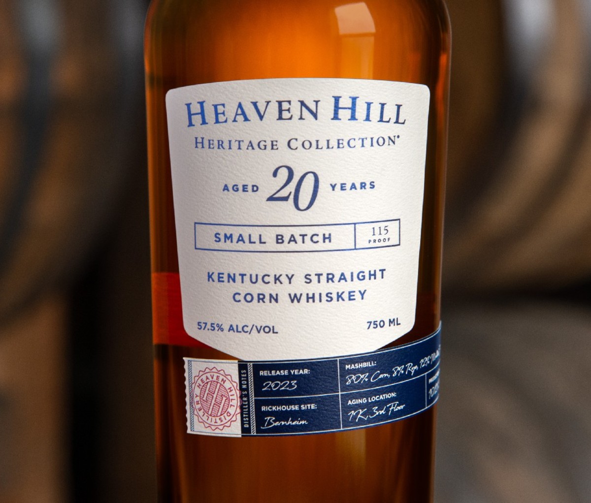 Bottle of Heaven Hill 20-Year-Old Corn Whiskey, closeup on label.
