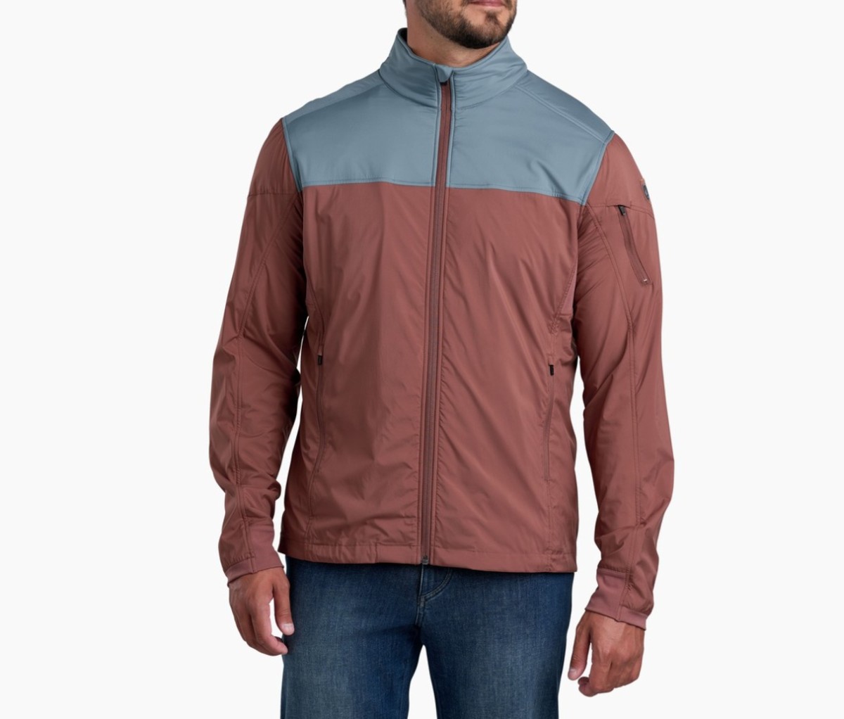 Blue and maroon color blocked ski jacket