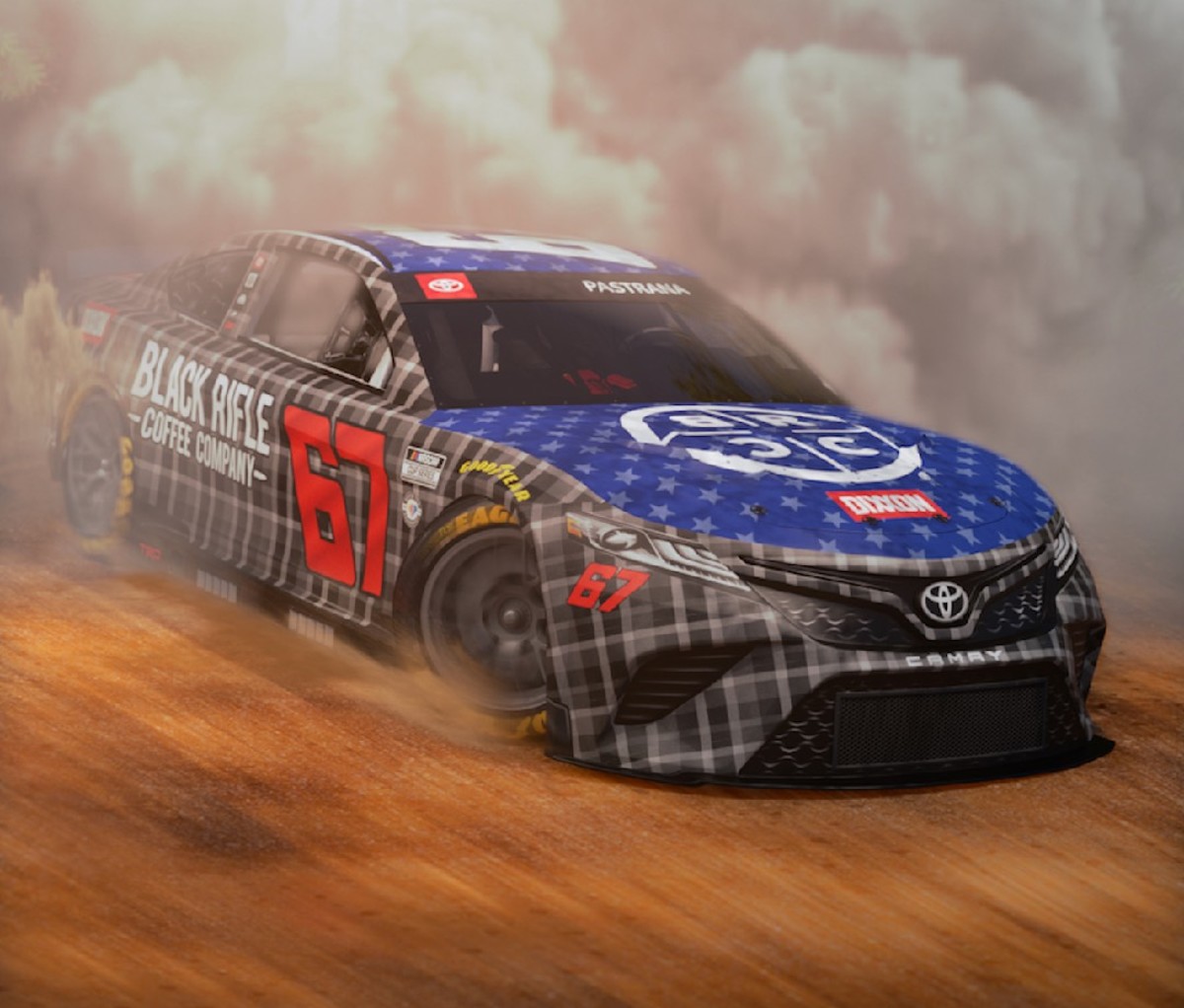 Gray and blue race car with a blurred brown and smoke-filled background.