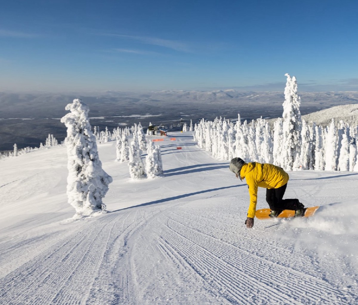 Person snowboarding down a groomed trail with snowy trees and blue sky.